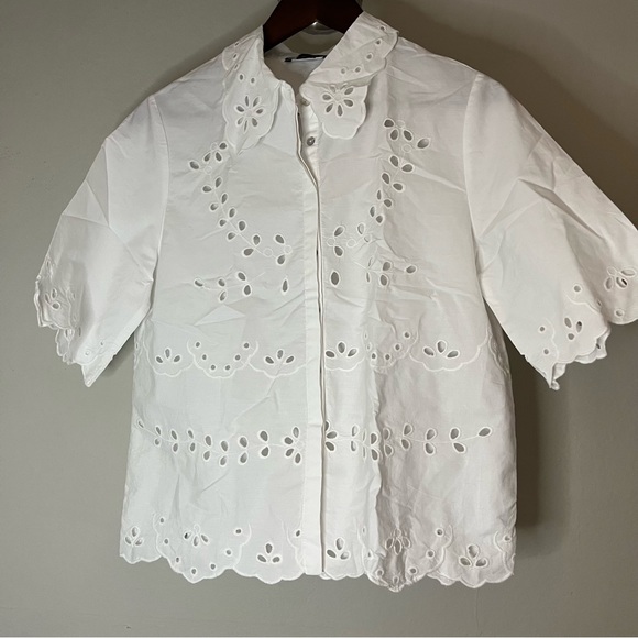 SAKS FIFTH AVENUE Women’s Collared Eyelet Shirt White Size Medium - Picture 3 of 8